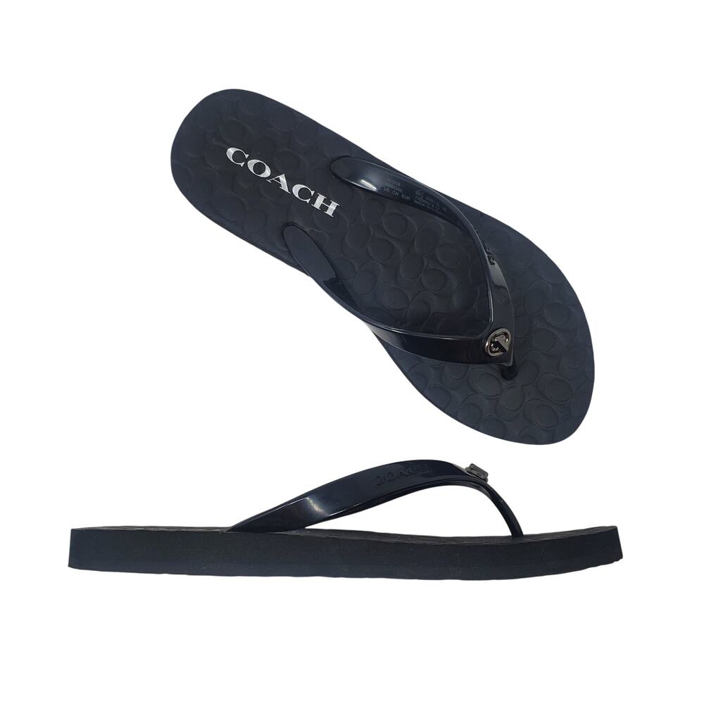 Coach Abbigail Flip Flops Thong Rubber Flat Sandals Black Turnlock Logo Size 6